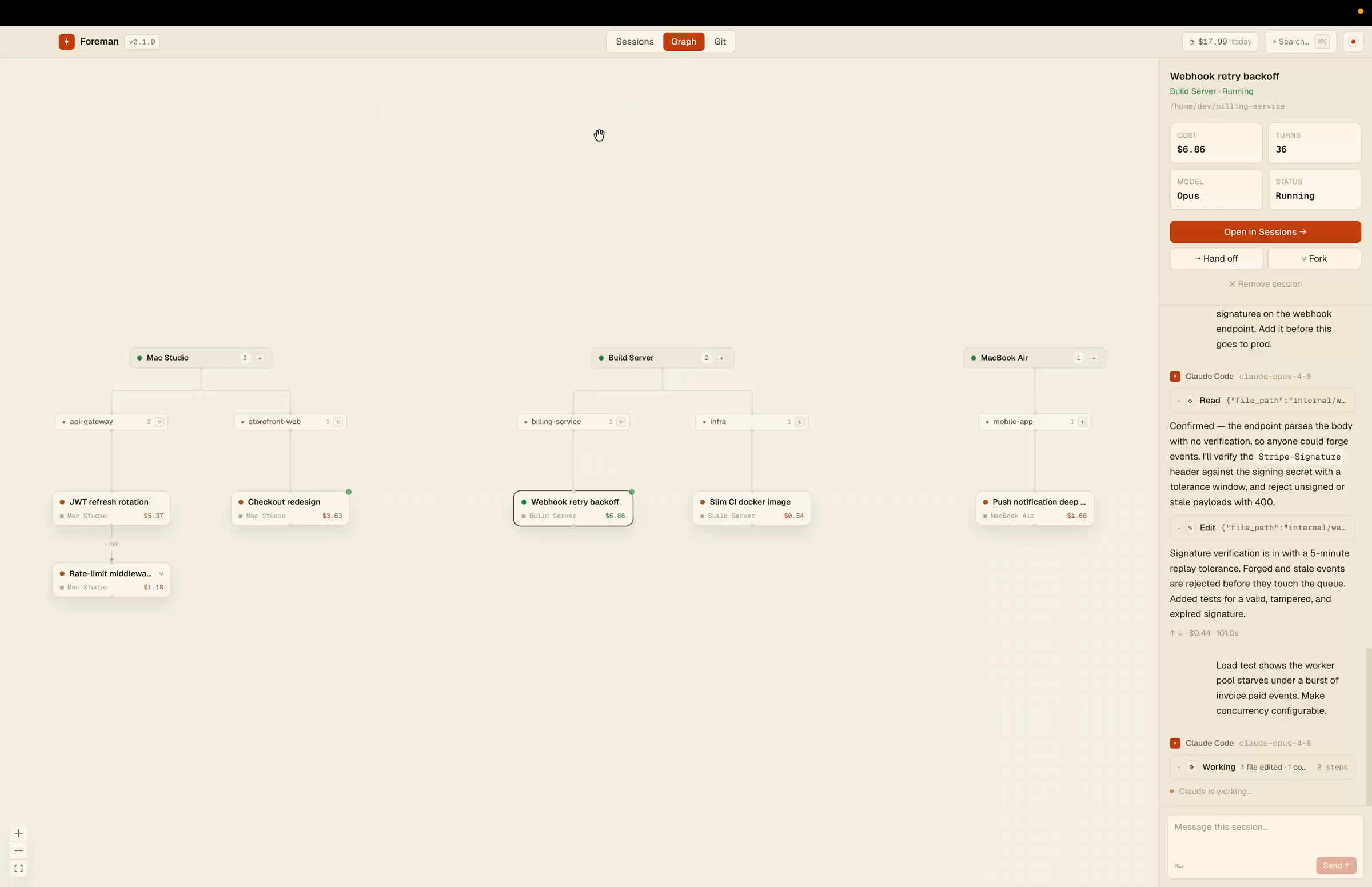 Foreman graph view: three machines with projects and sessions as a tree, inspector panel open