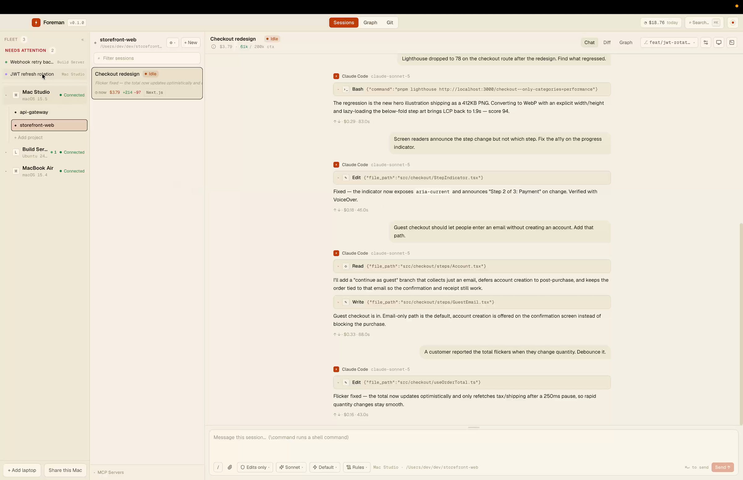 Foreman sessions view: a fleet sidebar with three connected machines and a live agent transcript